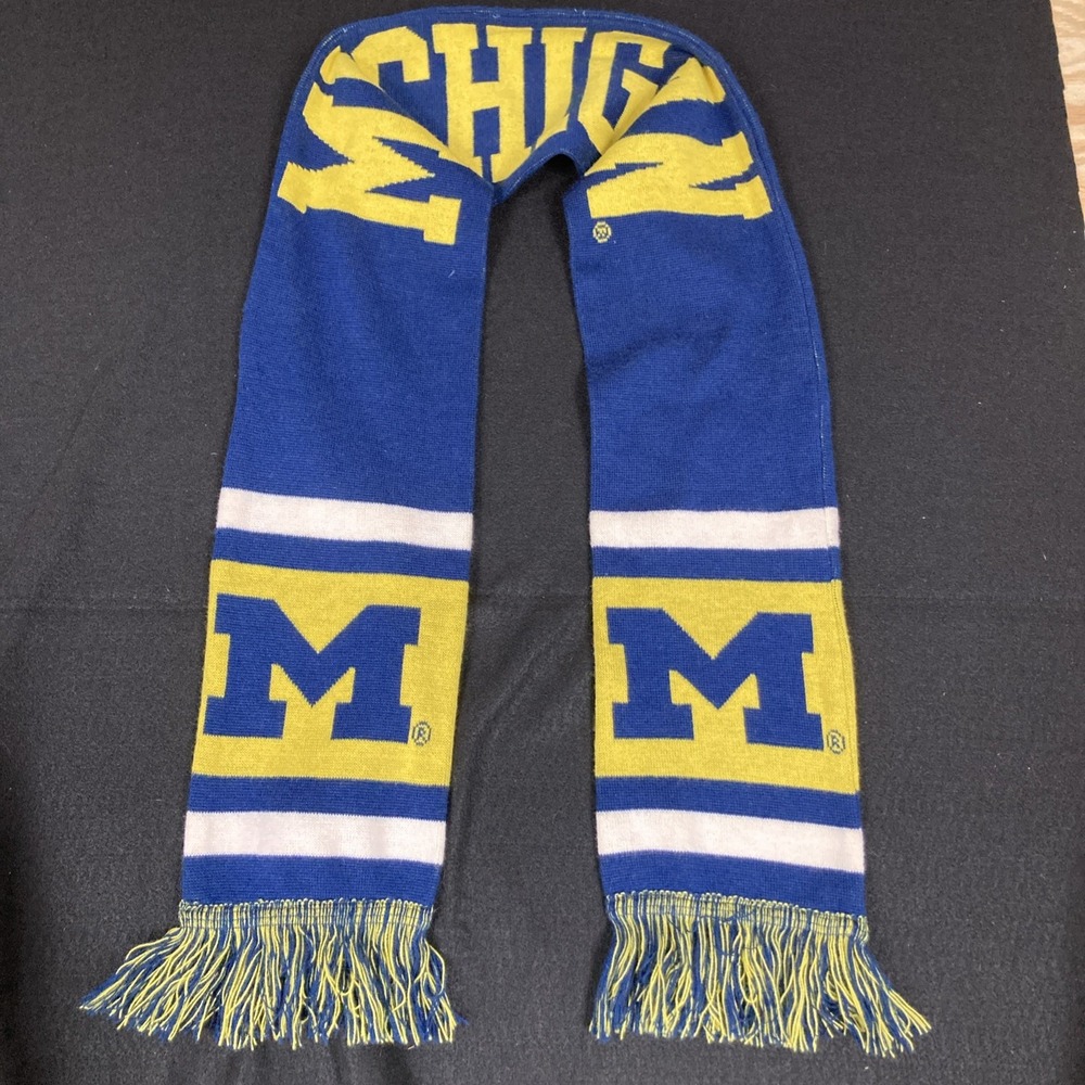 FOCO NCAA Michigan Wolverines Big Logo Scarf‎ (60" By 7") Blue Gold Fringe